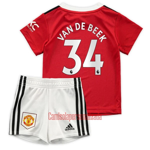 Camisolas Manchester United Donny Van de Beek 34 Criança Equipamento Principal 22/23