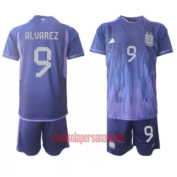 Camisolas Argentina Julián Álvarez 9 Criança Equipamento Alternativo Mundial 2022