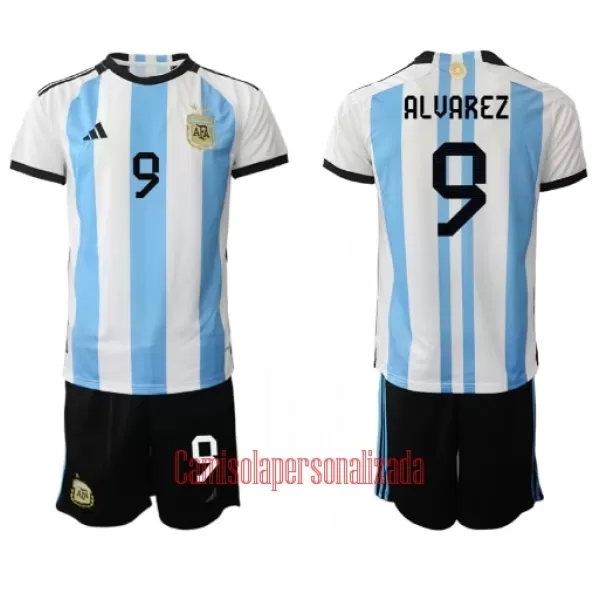 Camisolas Argentina Julián Álvarez 9 Criança Equipamento Principal Mundial 2022