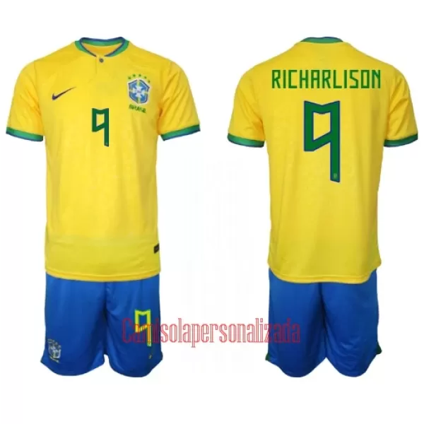 Camisolas Brasil Richarlison de Andrade 9 Criança Equipamento Principal Mundial 2022