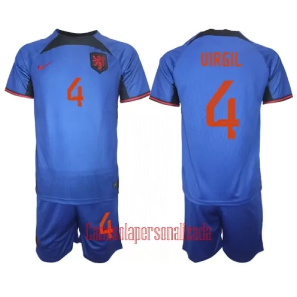 Camisolas Holanda Virgil van Dijk 4 Criança Equipamento Alternativo Mundial 2022