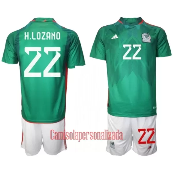 Camisolas México Hirving Lozano 22 Criança Equipamento Principal Mundial 2022