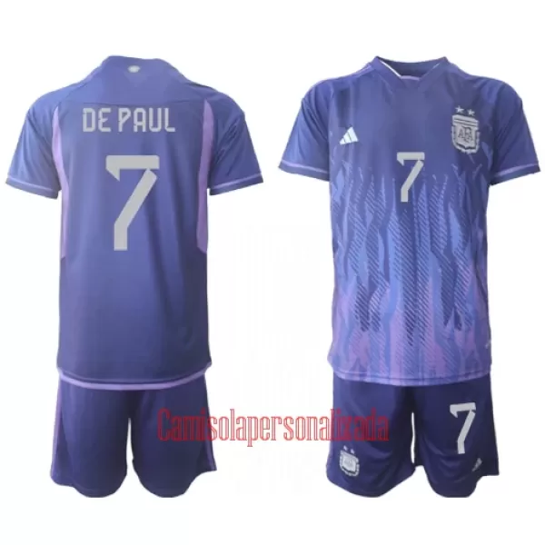 Camisolas Argentina Rodrigo de Paul 7 Criança Equipamento Alternativo Mundial 2022