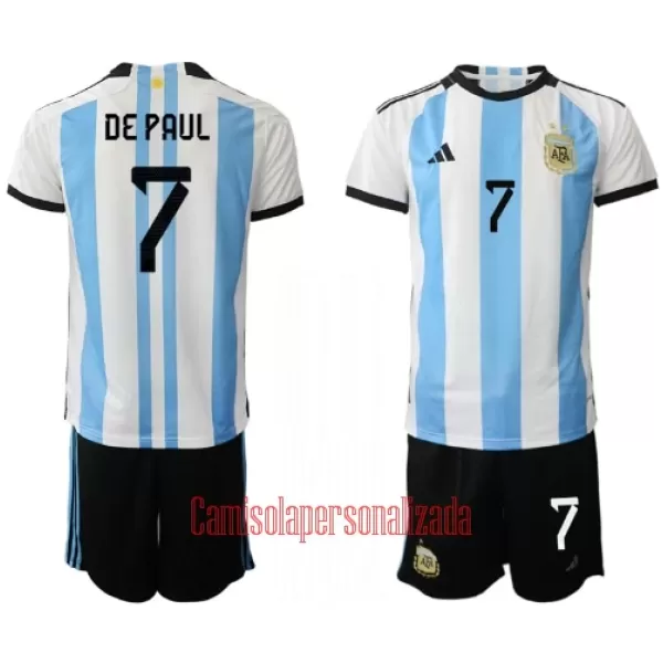 Camisolas Argentina Rodrigo de Paul 7 Criança Equipamento Principal Mundial 2022