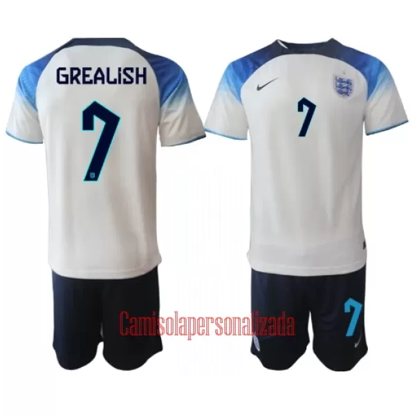 Camisolas Inglaterra Jack Grealish 7 Criança Equipamento Principal Mundial 2022