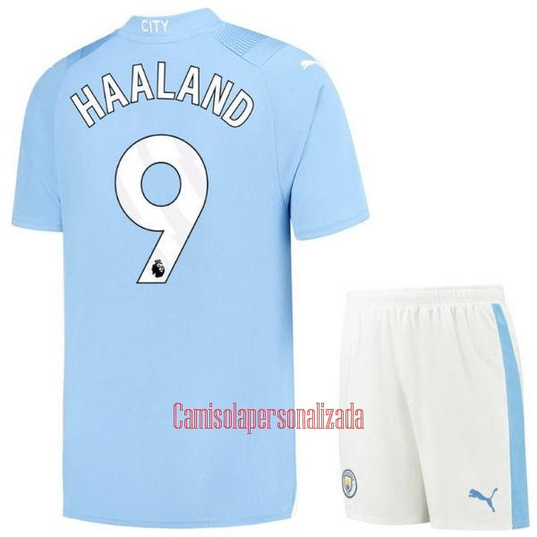 Camisolas Manchester City Erling Haaland 9 Criança Equipamento Principal 23/24