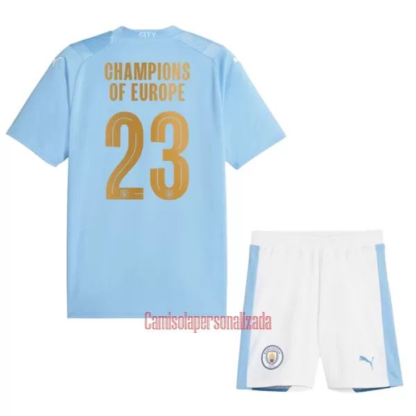 Camisolas Manchester City Champions of Europe Criança Equipamento Principal 23/24